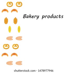 Bakery products banner, vector illustration. Wheat bread, pretzel, ciabatta, croissant, french baguette