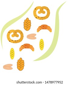 Bakery products banner, vector illustration. Wheat bread, pretzel, ciabatta, croissant, french baguette