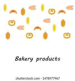 Bakery products banner, vector illustration. Wheat bread, pretzel, ciabatta, croissant, french baguette