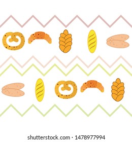 Bakery products banner, vector illustration. Wheat bread, pretzel, ciabatta, croissant, french baguette