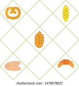 Bakery products banner, vector illustration. Wheat bread, pretzel, ciabatta, croissant, french baguette