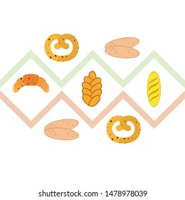 Bakery products banner, vector illustration. Wheat bread, pretzel, ciabatta, croissant, french baguette