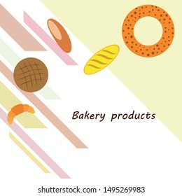 Bakery products banner, vector illustration. Wheat bread, pretzel, croissant