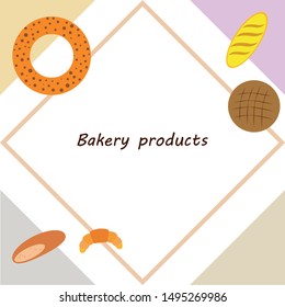 Bakery products banner, vector illustration. Wheat bread, pretzel, croissant