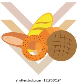 Bakery products banner, vector illustration. Wheat bread, pretzel, croissant