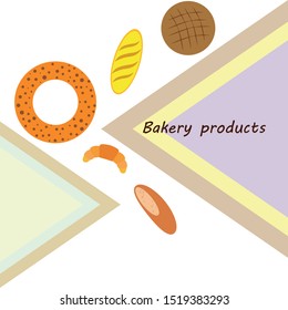 Bakery products banner, vector illustration. Wheat bread, pretzel, croissant