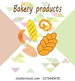 Bakery products banner, vector illustration. Wheat bread, pretzel, ciabatta, croissant, french baguette