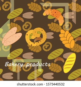 Bakery products banner, vector illustration. Wheat bread, pretzel, ciabatta, croissant, french baguette