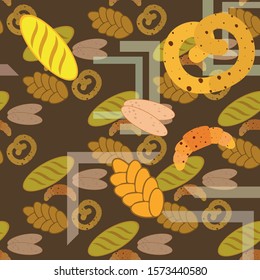 Bakery products banner, vector illustration. Wheat bread, pretzel, ciabatta, croissant, french baguette