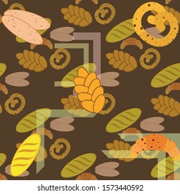 Bakery products banner, vector illustration. Wheat bread, pretzel, ciabatta, croissant, french baguette