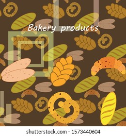 Bakery products banner, vector illustration. Wheat bread, pretzel, ciabatta, croissant, french baguette