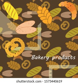 Bakery products banner, vector illustration. Wheat bread, pretzel, ciabatta, croissant, french baguette