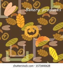 Bakery products banner, vector illustration. Wheat bread, pretzel, ciabatta, croissant, french baguette