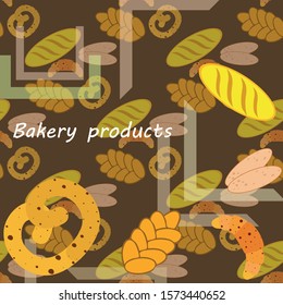 Bakery products banner, vector illustration. Wheat bread, pretzel, ciabatta, croissant, french baguette