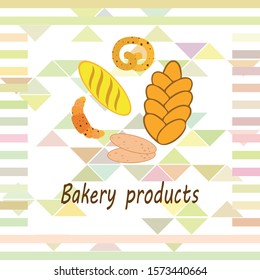 Bakery products banner, vector illustration. Wheat bread, pretzel, ciabatta, croissant, french baguette
