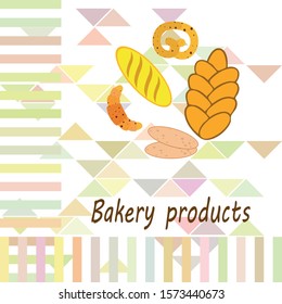 Bakery products banner, vector illustration. Wheat bread, pretzel, ciabatta, croissant, french baguette