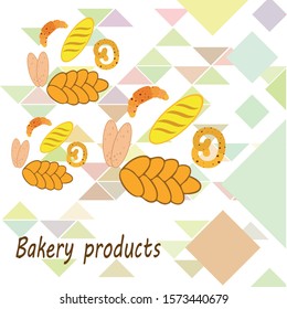 Bakery products banner, vector illustration. Wheat bread, pretzel, ciabatta, croissant, french baguette