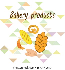 Bakery products banner, vector illustration. Wheat bread, pretzel, ciabatta, croissant, french baguette