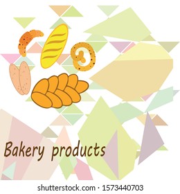 Bakery products banner, vector illustration. Wheat bread, pretzel, ciabatta, croissant, french baguette