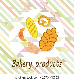 Bakery products banner, vector illustration. Wheat bread, pretzel, ciabatta, croissant, french baguette