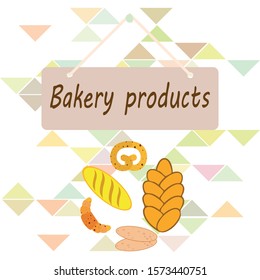 Bakery products banner, vector illustration. Wheat bread, pretzel, ciabatta, croissant, french baguette