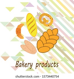 Bakery products banner, vector illustration. Wheat bread, pretzel, ciabatta, croissant, french baguette