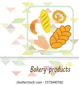 Bakery products banner, vector illustration. Wheat bread, pretzel, ciabatta, croissant, french baguette