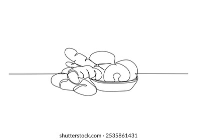 Bakery products in the basket drawing in continuous one line style. Bread, donut, croissant, bakery concept in single line art illustration. Editable vector.  