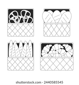 Bakery products black and white 2D line cartoon objects set. Small food business. Pastry assortment in baskets isolated vector outline items collection. Bread monochromatic flat spot illustrations