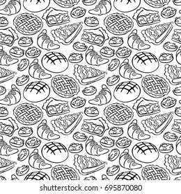 Bakery products. Bread, cake, cake. Seamless vector pattern (background).