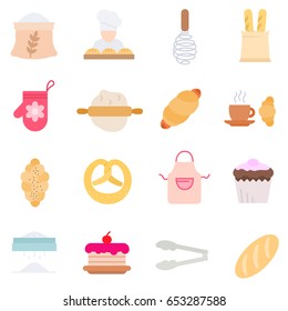 Bakery products and bread, icons set. Accessories for preparation food. Isolated vector illustration