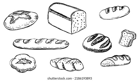 Bakery products. Bread, loaf, loaf. Black. Outline drawing by hand. Graphics. Vector. Used for printing, advertising, covers, web design.