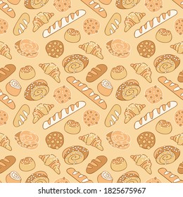Bakery products. Bread, loaf, buns. Croissants and chocolate chip cookies. Sweet pastries. Seamless vector pattern (background). Cartoon taste print.