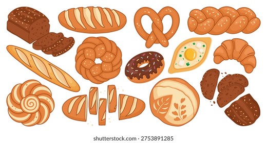 Bakery products and bread types vector flat illustration set