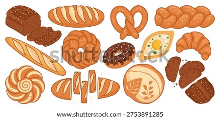 Bakery products and bread types vector flat illustration set