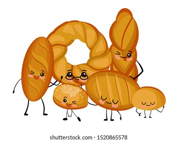 bakery products, bread of various kinds. Long loaf, baguette, pretzel, kalach and buns. Cartoon characters with eyes on a white background.