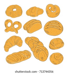 Bakery products. Bun, bread, kroasant. Set, sketch