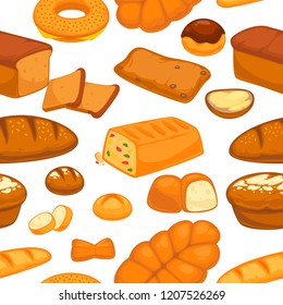 Bakery products buns and bread seamless pattern vector.