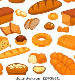 Bakery products buns and bread seamless pattern vector.