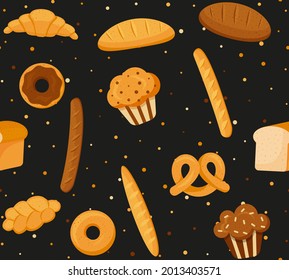 Panes de productos de panadería y un vector de patrón sin fisuras de pan. EPS 10