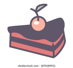 Bakery products, cake with glazing on top and cherry berry with leaf. Biscuit sugary product in shop or store. Tasty food and confectionery in cafe or restaurant. Menu of meal. Vector in flat style