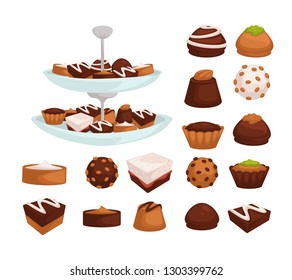 Bakery products cakes and cookies or candies with chocolate or cream vector confectionery food and dessert dish or meal sweets in glaze dishware or tray culinary and cooking pastry with sprinkles.