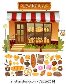 Bakery products cartoon design concept with shop window in centre and baked goods icons collection isolated vector illustration