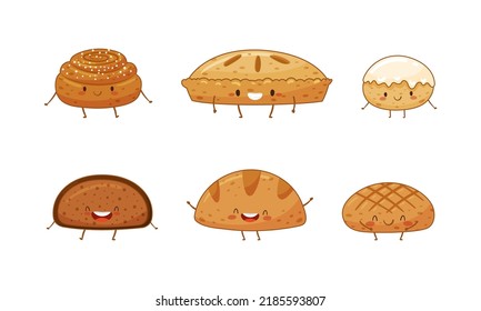 Bakery products characters set. Funny tasty pastries vector illustration