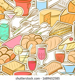 Bakery products, Cheeses, Cutlery and Drinks pattern. Background for printing, design, web. Seamless. Colored.