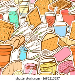 Bakery products, Cheeses, Cutlery and Drinks pattern. Background for printing, design, web. Seamless. Colored.