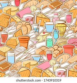 Bakery products, Cheeses, Cutlery and Drinks pattern. Background for printing, design, web. Seamless. Colored.