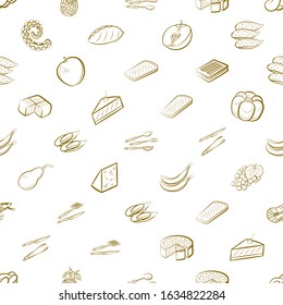 Bakery products, Cheeses, Cutlery, Fruits and Seafood set. Background for printing, design, web. Usable as icons. Seamless. Binary color.