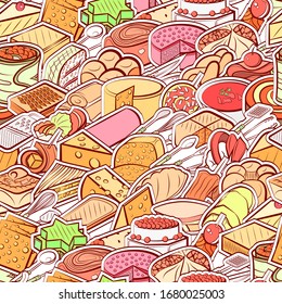 Bakery products, Cheeses, Cutlery and Snacks pattern. Background for printing, design, web. Seamless. Colored.