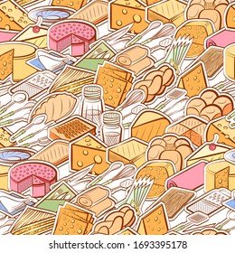 Bakery products, Cheeses, Cutlery and Table setting pattern. Background for printing, design, web. Seamless. Colored.